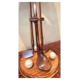 Vintage Golf Club Lamp with Green Shade & Golf Balls in Display Rack