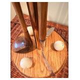 Vintage Golf Club Lamp with Green Shade & Golf Balls in Display Rack