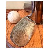 Vintage Golf Club Lamp with Green Shade & Golf Balls in Display Rack