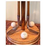 Vintage Golf Club Lamp with Green Shade & Golf Balls in Display Rack