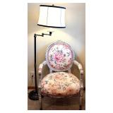 Armchair & Floor Lamp - Floral Upholstery, Distressed Pale Gray Frame