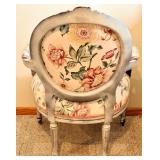 Armchair & Floor Lamp - Floral Upholstery, Distressed Pale Gray Frame