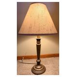 Chair & Table Lamp - Vintage Black Wood Chair with Leather Seat; Table Lamp with Bronze-Toned Base and Beige Shade