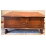Antique Wooden Cedar Storage Chest - Lift-Top, Carved Front, Bun Feet