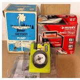 Three-Piece Lot: Simer Geyser Pump, Husky Charger, Ryobi Door Lock Kit