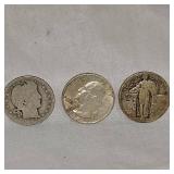 3 Silver 25c, Barberr, Liberty, Washington