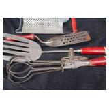 Vintage Kitchen Utensil Set - Enamel Milk Can & Metal Tools