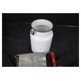 Vintage Kitchen Utensil Set - Enamel Milk Can & Metal Tools