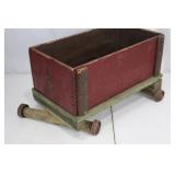 Wooden Toy Cart - Red Box on Green Base, Hammered B Motif