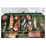 Fishing tackle box & rusted chest - Vintage green tackle box with lures