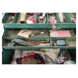 Fishing tackle box & rusted chest - Vintage green tackle box with lures