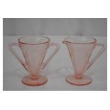 Creamer & Sugar Set - Vintage Pink Depression Glass, Etched Floral