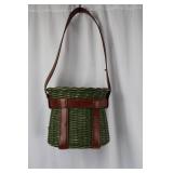 Green Wicker Basket Bag with Brown Leather Straps