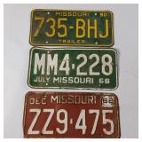 Missouri License Plates – Raised Numbers – Vintage 62, 68 & 90 trailer plate