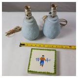 German Black Forest Hand Painted Trivet plus two 8 inch Lamps