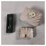 Vintage cigarette box with matching ashtray, opalescence finish. Cuter collectible spoon from Williamsburg Virginia Wetherburn