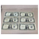 6 Washington One Dollar Silver Certificates