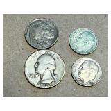 1948 Washington Quarter, 2 Silver Roosevelt Dimes & 1936 Buffalo Nickle