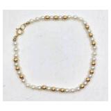 14K Gold, Pearl, & Gold Bead Bracelet- 8", 3.14 grams