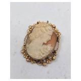 Vintage 12K Carved Shell Cameo Brooch Pin