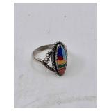Vintage Native American Sterling Silver Ring with Inlaid Stones - Size 7.5