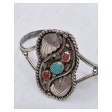 Vintage Navajo Native American Sterling Turquoise & Coral Cuff Bracelet - 6.5"