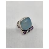 Cool Vintage Sterling Silver, Amethyst, Topaz & Chalcedony Ring- Size 6.75