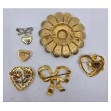 6 Gold Floral & Heart Brooches/Pins