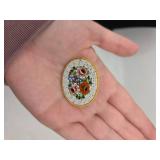 Vintage Gold Micro Mosaic Floral Bouquet Brooch Pin