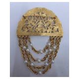 Vintage Monet Gold Half Circle Faux Pearl Chains Brooch Pin