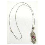 Gorgeous Vintage Filigree 14K White Gold and Ruby Necklace - 18"