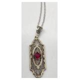 Gorgeous Vintage Filigree 14K White Gold and Ruby Necklace - 18"