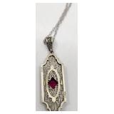 Gorgeous Vintage Filigree 14K White Gold and Ruby Necklace - 18"
