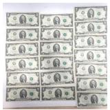 Lot of 19 Uncirculated 2013 $2 Bills - Sequential Serial Numbers from 582A thru 600A