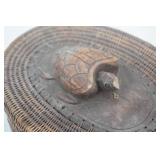 Vintage Hand-Woven Wicker Basket w/Carved Wooden Turtle
