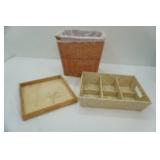 1 Wicker Wastebasket, 1 wooden tray, 1 woven organizer basket tray