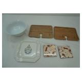 Bamboo Cutting/Serving Boards, Lefse Coasters, Spoon Plate, Porcelain Bowl 8" diameter 3.5" tall