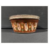 Hand-Painted Floral Ceramic Vessel - Beaded Rim, Orange-Brown Glaze