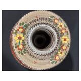 Hand-Painted Floral Ceramic Vessel - Beaded Rim, Orange-Brown Glaze
