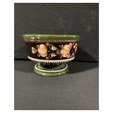 Hand-Painted Floral Pedestal Ceramic Bowl - Green Rim