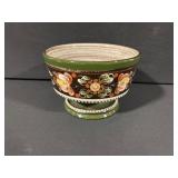 Hand-Painted Floral Pedestal Ceramic Bowl - Green Rim