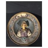 Decorative Circular Tin Plaque with 3D Woman in Period Dress