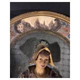 Decorative Circular Tin Plaque with 3D Woman in Period Dress