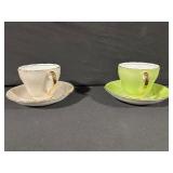 2x Teacups With Saucers - Pink & Lime Green