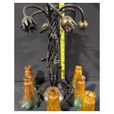 Vintage Multi-Arm Tulip Glass Shade Lamp with Amber/Green Shades
