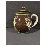 Brown Ceramic Jar With Lid - Floral Motif & Children Figures