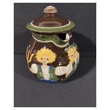 Brown Ceramic Jar With Lid - Floral Motif & Children Figures