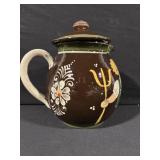 Brown Ceramic Jar With Lid - Floral Motif & Children Figures