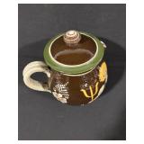 Brown Ceramic Jar With Lid - Floral Motif & Children Figures