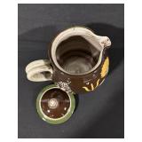 Brown Ceramic Jar With Lid - Floral Motif & Children Figures